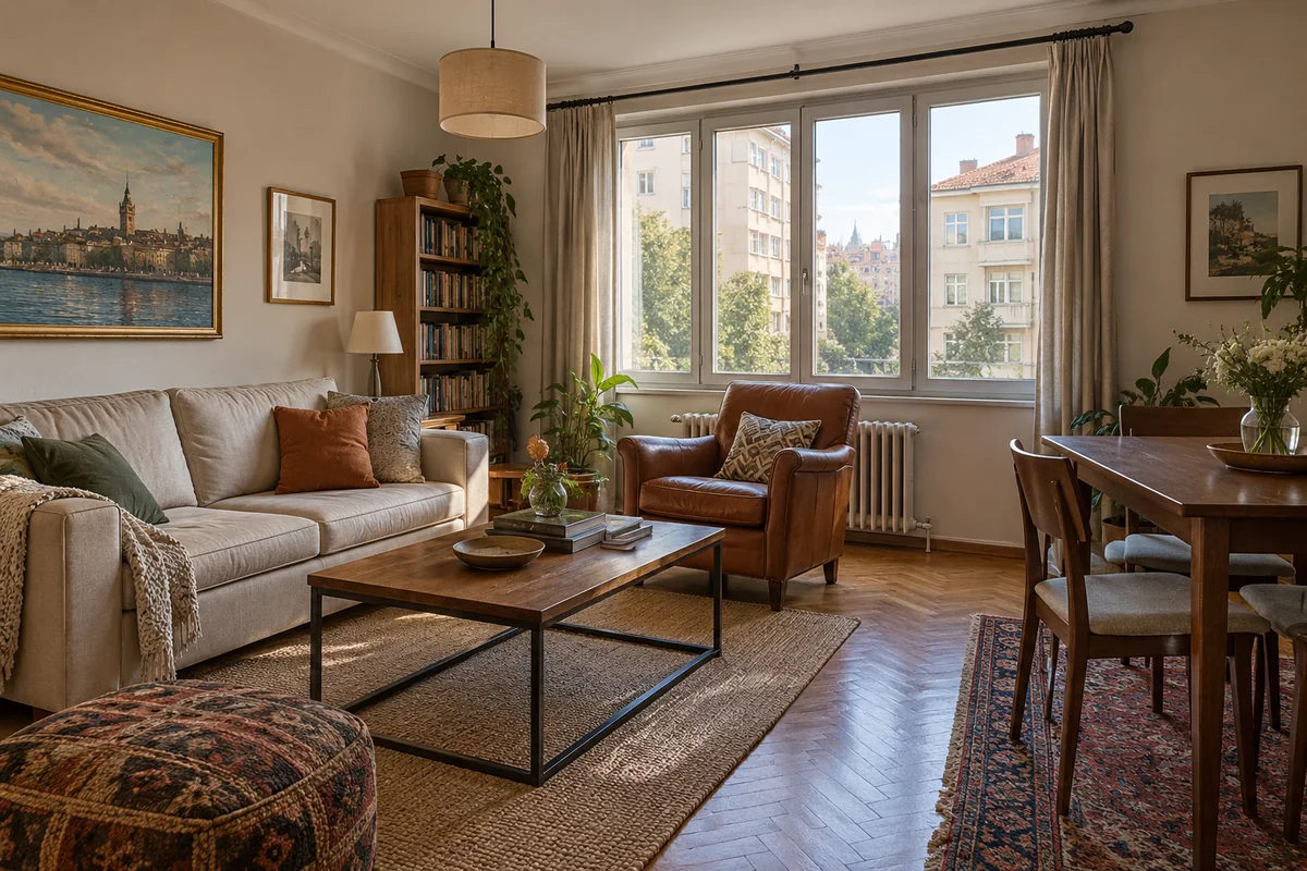 AI illustration of a furnished family lounge with a pale sofa and cognac armchair; not the listed apartment.