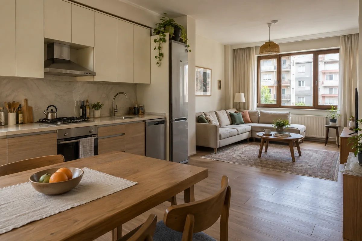 AI illustration of a modern apartment living room and open kitchen with cream and wood cabinetry; not the listed apartment.