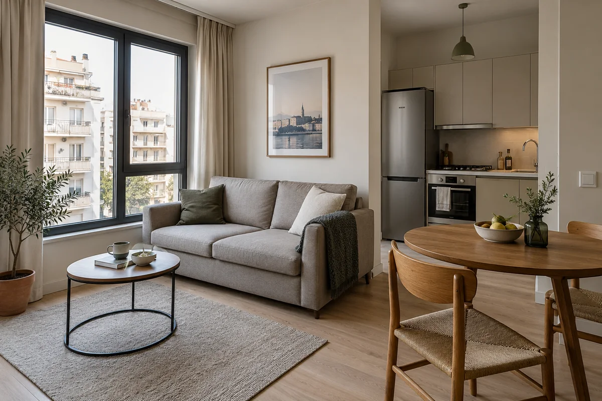 AI illustration of a compact modern living room with a small dining table and kitchenette; not the listed apartment.