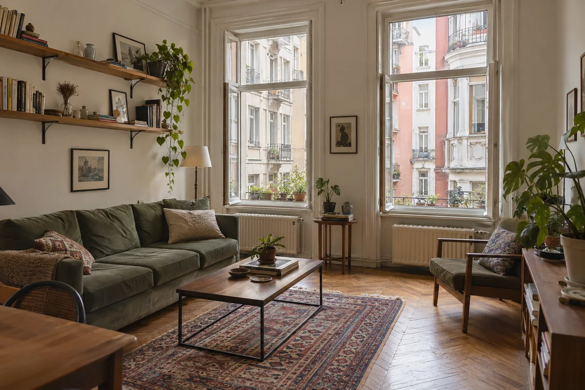 AI illustration of a characterful city lounge with parquet, tall windows and a sage sofa; not the listed apartment.