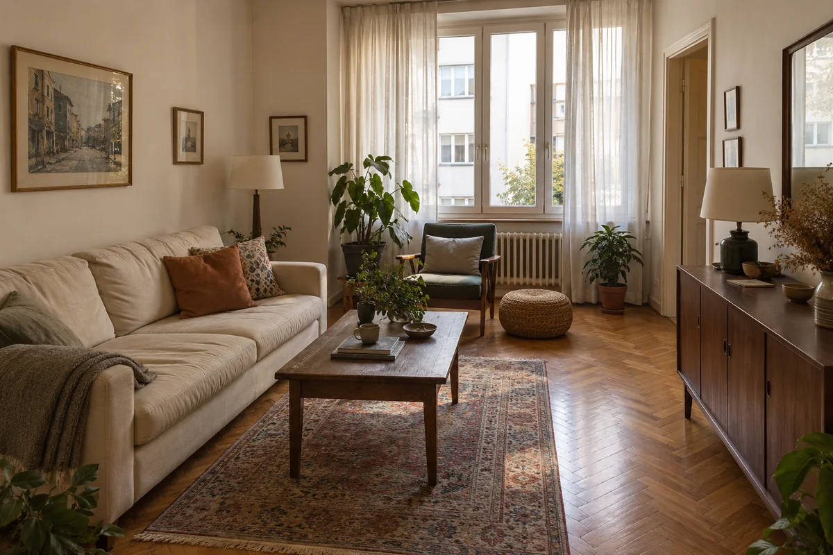 AI illustration of an established city apartment lounge with a cream sofa and walnut furniture; not the listed apartment.