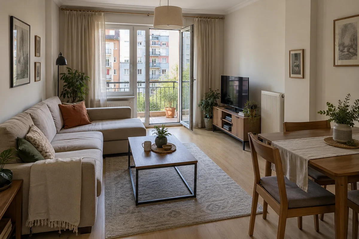 AI illustration of a bright medium-sized lounge with a beige couch and balcony door; not the listed apartment.