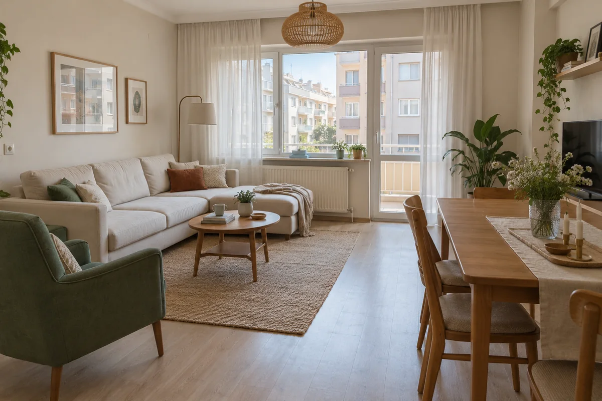 AI illustration of an airy living and dining room with an off-white couch and green chair; not the listed apartment.
