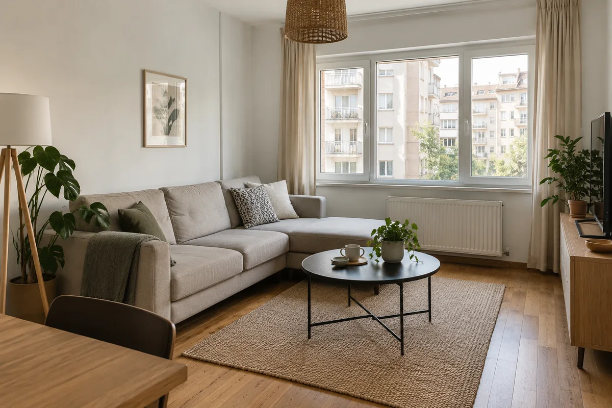 AI illustration of a bright modest living room with white walls and honey oak flooring; not the listed apartment.