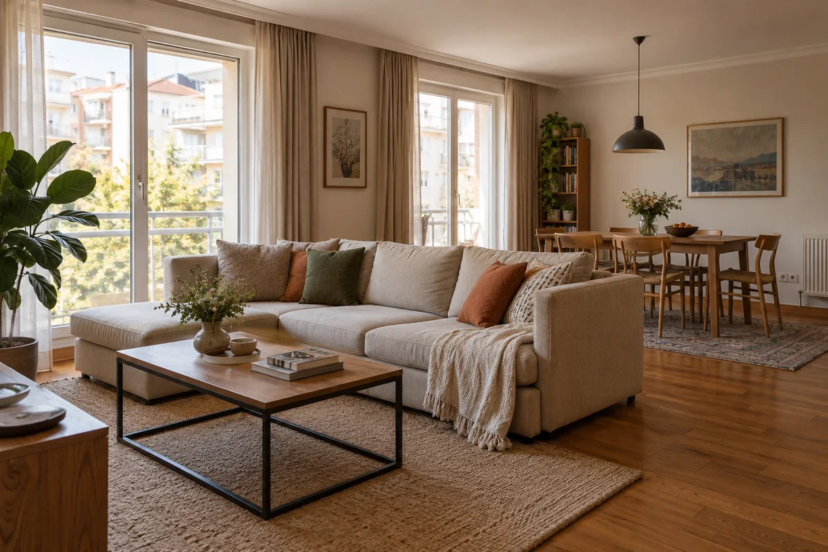 AI illustration of a family living room with a linen sofa and warm wood flooring; not the listed apartment.