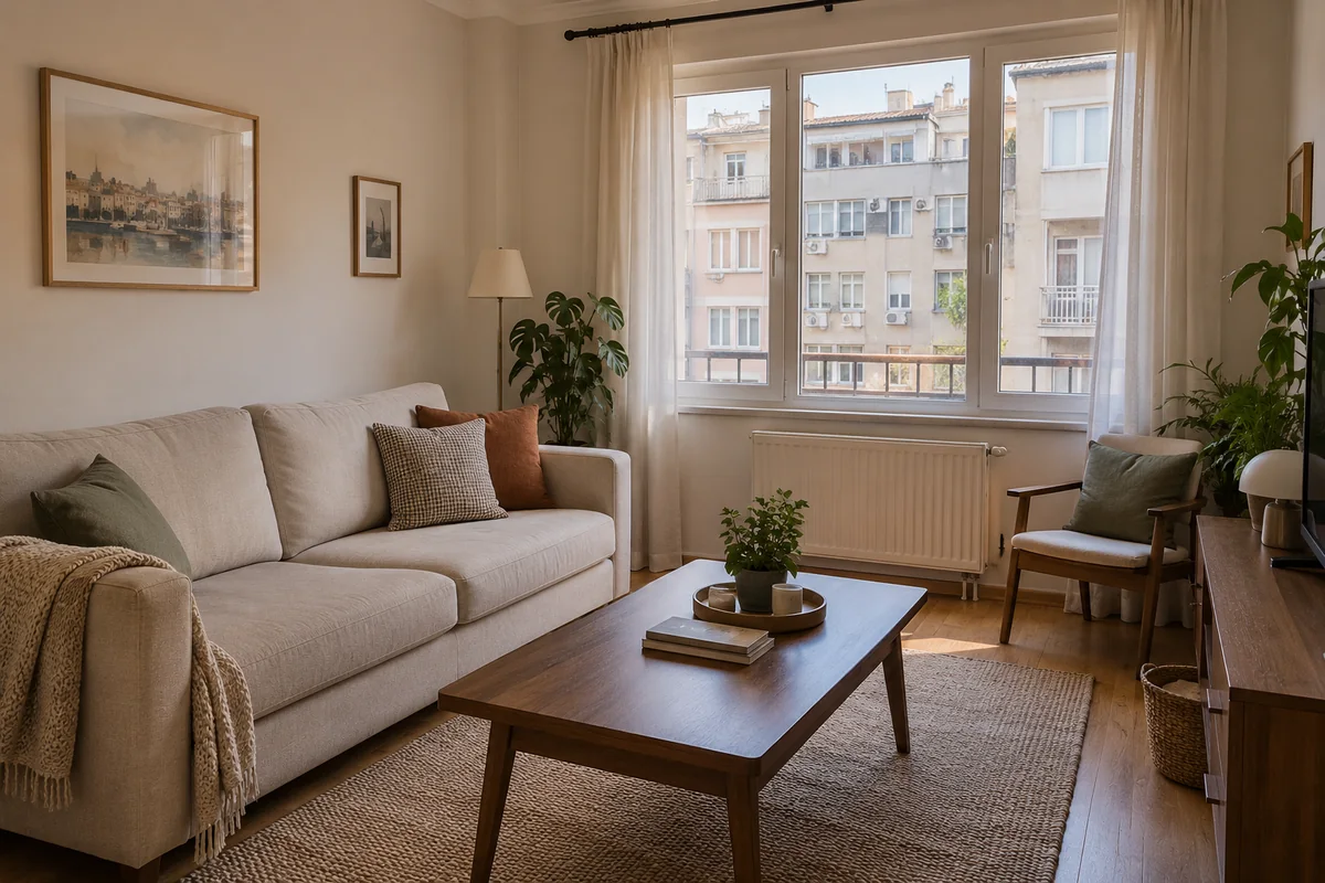 AI illustration of a compact sunlit living room with an oatmeal sofa and walnut coffee table; not the listed apartment.