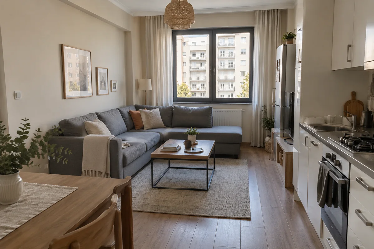 AI illustration of a modest modern lounge with a grey sofa and oak flooring; not the listed apartment.