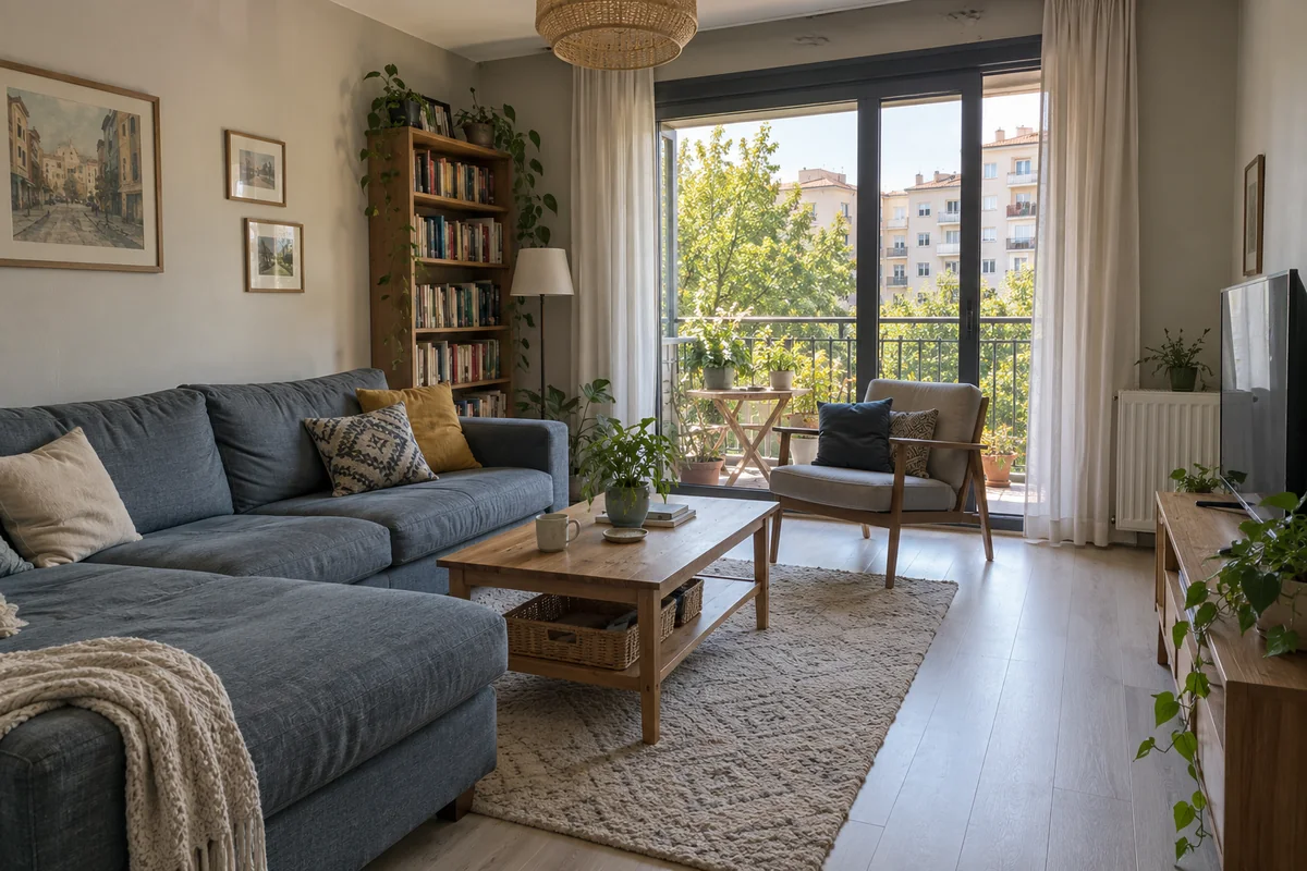 AI illustration of a family apartment lounge with a blue-grey couch and a leafy balcony; not the listed apartment.